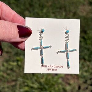 Zuni Sterling Silver Turquoise Pin Point Cross Earrings
